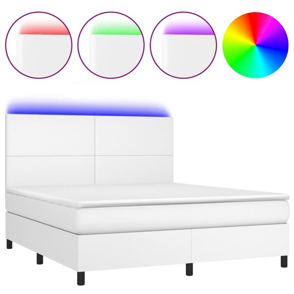 vidaXL Cama box spring c/colch&atilde;o/LED 160x200cm couro artificial branco