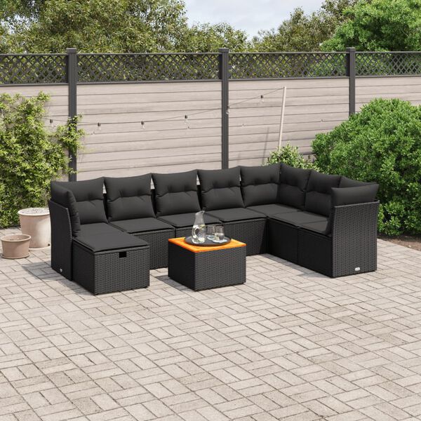 vidaXL 9 pcs conjunto de sof&aacute;s p/ jardim c/ almofad&otilde;es vime PE preto