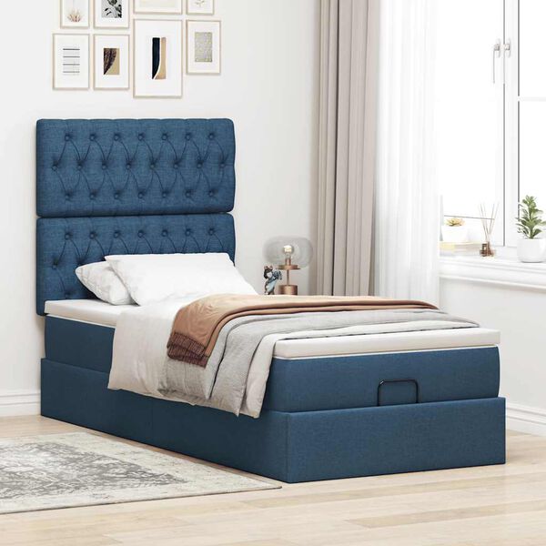 vidaXL Estrutura de cama otomana com colch&atilde;o tecido azul 80x200cm