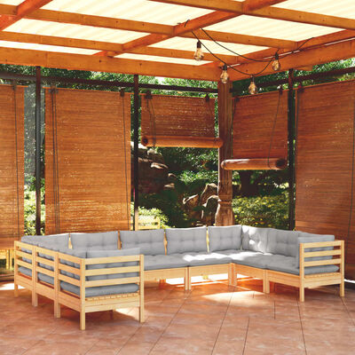 vidaXL 9 pcs conjunto lounge de jardim c/ almofadões cinzentos pinho