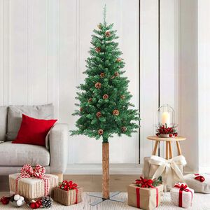 vidaXL &Aacute;rvore de Natal fina madeira e pinhas genu&iacute;nas 180 cm PVC verde