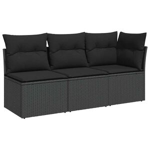 vidaXL Sof&aacute; de jardim com almofadas, 3 lugares, vime sint&eacute;tico preto