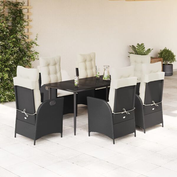 vidaXL 7 pcs conjunto de jantar p/ jardim c/ almofad&otilde;es vime PE preto