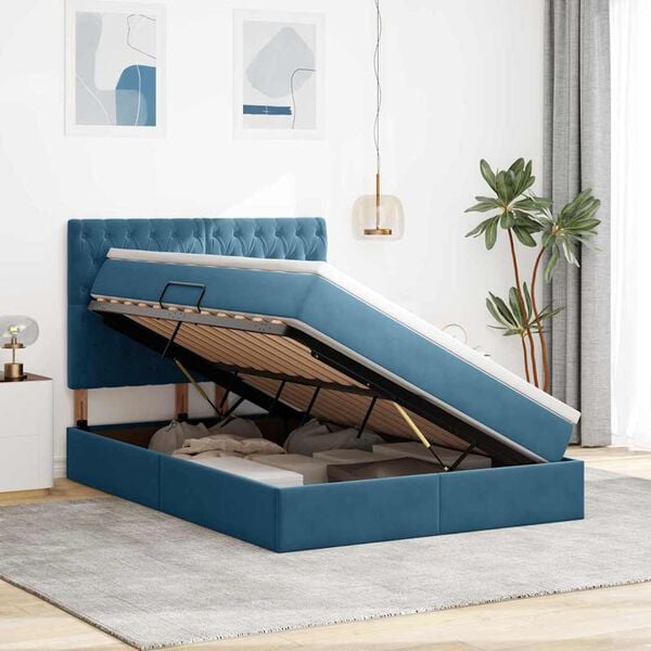 vidaXL Cama com arruma&ccedil;&atilde;o e colch&atilde;o Azul Escuro 140 x 190 cm Veludo