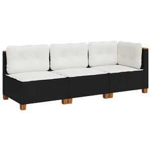 vidaXL Sof&aacute; de jardim 3 lugares com almofad&otilde;es vime PE preto