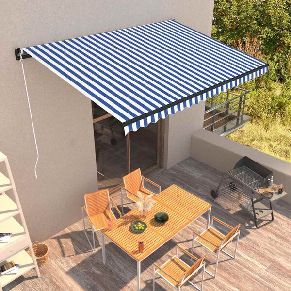 vidaXL Toldo retr&aacute;til manual 450x300 cm azul e branco