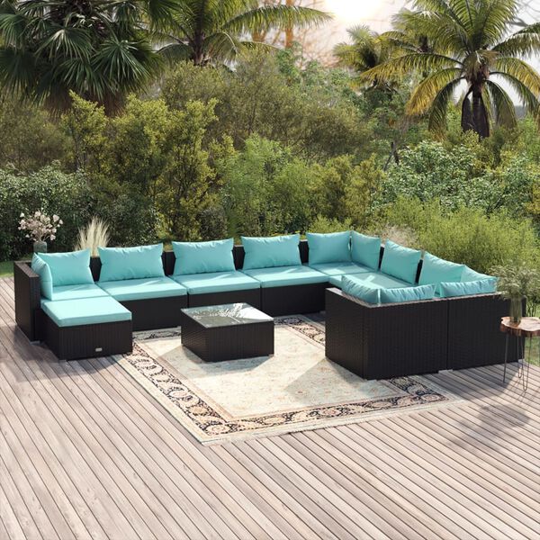 vidaXL 11 pcs conjunto lounge de jardim c/ almofad&otilde;es vime PE preto