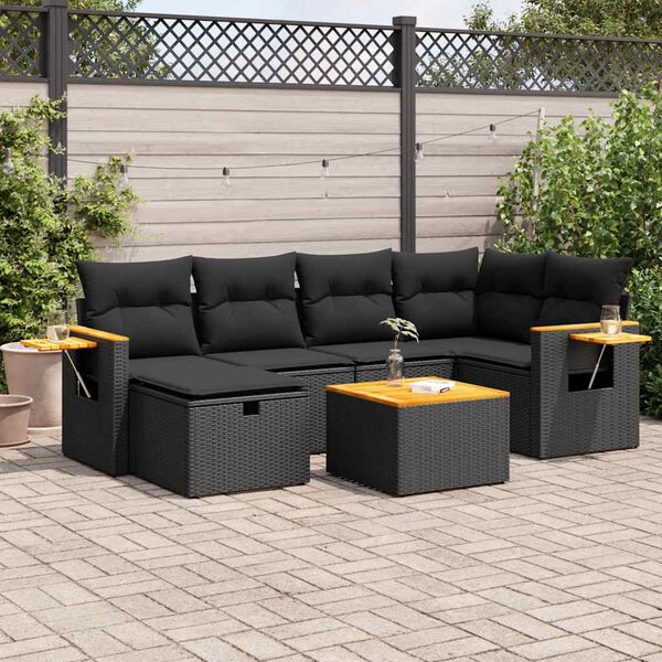 vidaXL 7 pcs conjunto de sof&aacute;s p/ jardim c/ almofad&otilde;es vime PE preto