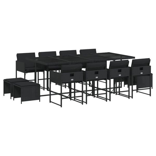 vidaXL 13 pcs conjunto de jantar p/jardim com almofad&otilde;es vime PE preto