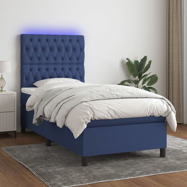 vidaXL Cama box spring c/ colch&atilde;o e LED 90x190 cm tecido azul