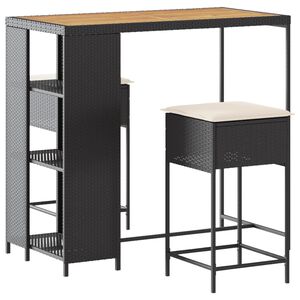 vidaXL 3 pcs conjunto de bar para jardim c/ almofad&otilde;es vime PE preto