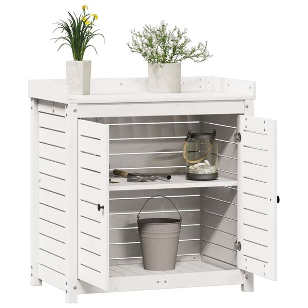 vidaXL Mesa de jardinagem com prateleiras madeira pinho maciça branco