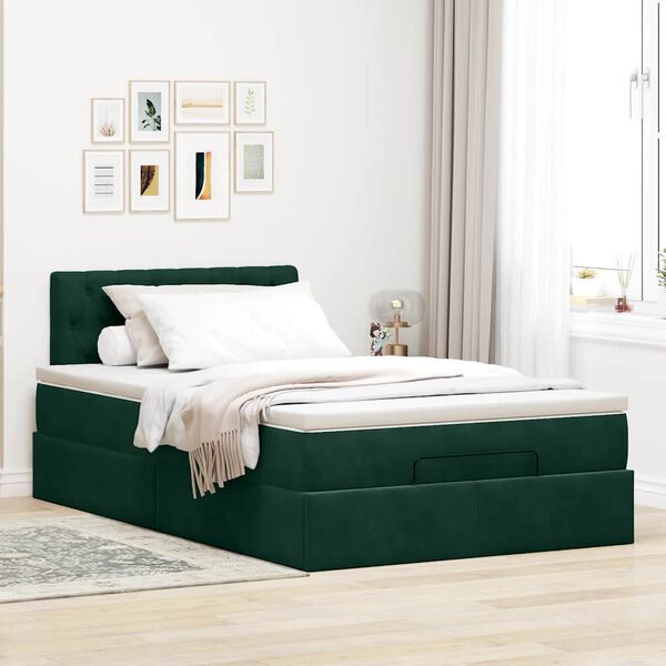 vidaXL Estrutura de cama otomana com colch&atilde;o verde escuro veludo