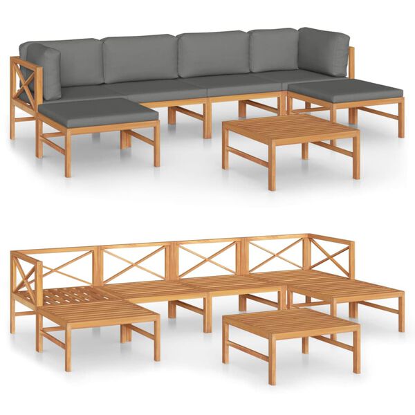vidaXL 7 pcs conj. lounge jardim c/ almofad&otilde;es cinzentos teca maci&ccedil;a