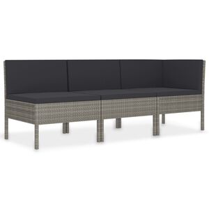 vidaXL 3 pcs conjunto lounge de jardim c/ almofad&otilde;es vime PE cinzento