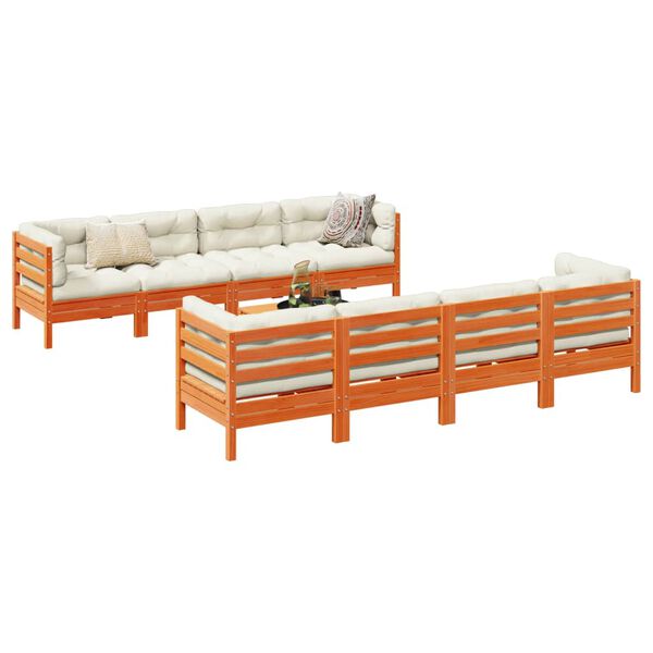 vidaXL 9pcs conj. sof&aacute;s jardim c/ almofad&otilde;es pinho maci&ccedil;o castanho mel