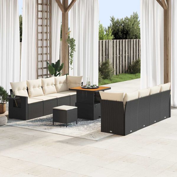 vidaXL Conjunto de Sof&aacute; de Jardim 11 pcs Preto e Creme vime PE