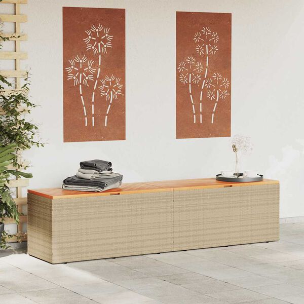 vidaXL Caixa arrumação jardim 220x50x54 cm vime PE/acácia maciça bege