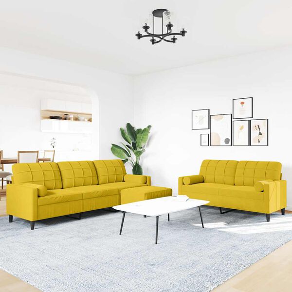 vidaXL 3 pcs conjunto de sof&aacute;s com almofad&otilde;es e rolos veludo amarelo