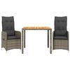 vidaXL 3 pcs conjunto bistr&ocirc; de jardim c/ almofad&otilde;es vime PE cinza