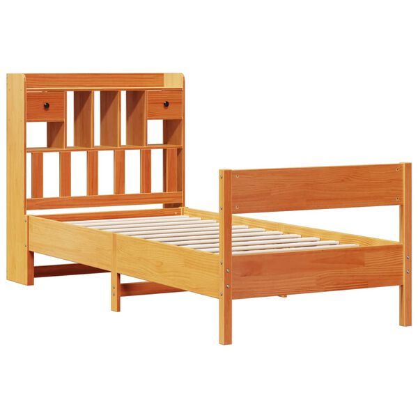 vidaXL Cama com estante sem colchão 75x190cm pinho maciço castanho-mel