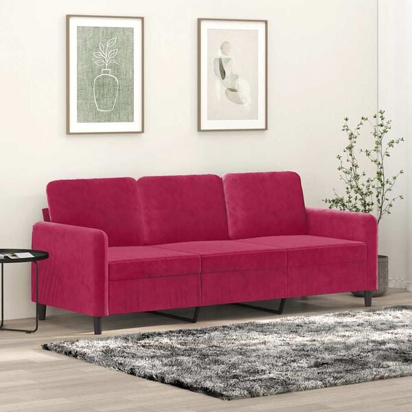 vidaXL Sof&aacute; de 3 lugares veludo 180 cm vermelho tinto