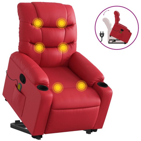 vidaXL Poltrona massagens reclin&aacute;vel elevat&oacute;ria couro artif. vermelho