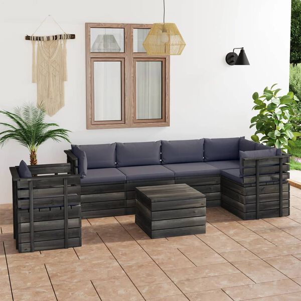 vidaXL 7 pcs conjunto lounge de paletes com almofad&otilde;es pinho maci&ccedil;o