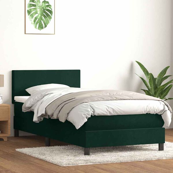 vidaXL Cama box spring c/ colch&atilde;o e LED 90x220 cm veludo verde-escuro