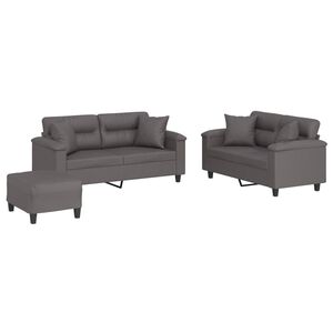 vidaXL 3 pcs conjunto de sof&aacute;s com almofadas couro artificial cinzento
