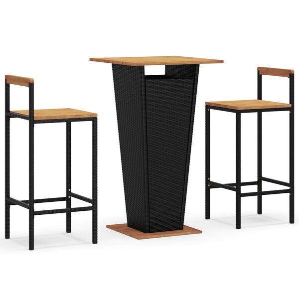 vidaXL 3 pcs conjunto de bar p/ jardim vime PE/acácia maciça preto