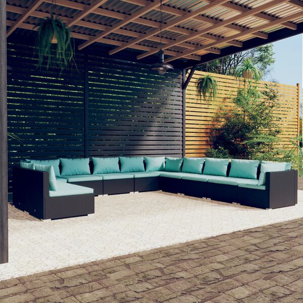 vidaXL 11 pcs conjunto lounge de jardim c/ almofad&otilde;es vime PE preto