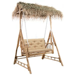 vidaXL Banco baloi&ccedil;o 2 lug. bambu c/ folhas palmeira e almofad&atilde;o 202cm