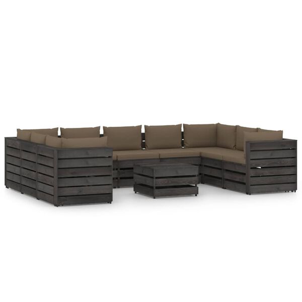 vidaXL 10 pcs conj. lounge jardim c/ almofad&otilde;es madeira impreg. cinza
