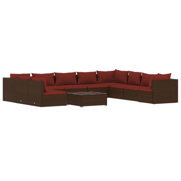 vidaXL 11 pcs conjunto lounge jardim c/ almofad&otilde;es vime PE castanho