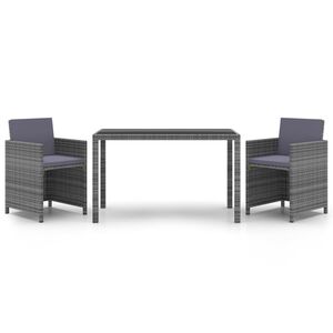 vidaXL 3 pcs conjunto jantar p/ jardim c/ almofad&otilde;es vime PE cinzento