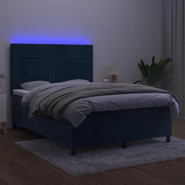 vidaXL Cama box spring c/ colch&atilde;o/LED 140x200 cm veludo azul-escuro