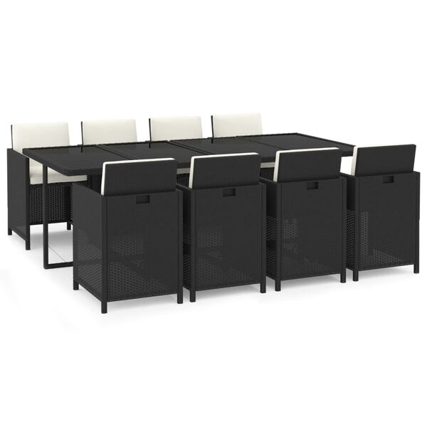 vidaXL 9 pcs conjunto de jantar p/ jardim c/ almofad&otilde;es vime PE preto