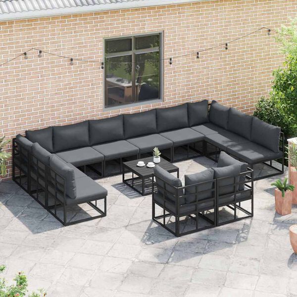 vidaXL Conjunto de Sof&aacute; de Jardim com almofada 12 pcs Preto Alum&iacute;nio