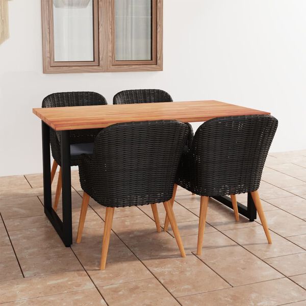 vidaXL 5 pcs conjunto jantar p/ jardim c/ almofad&otilde;es vime PE preto