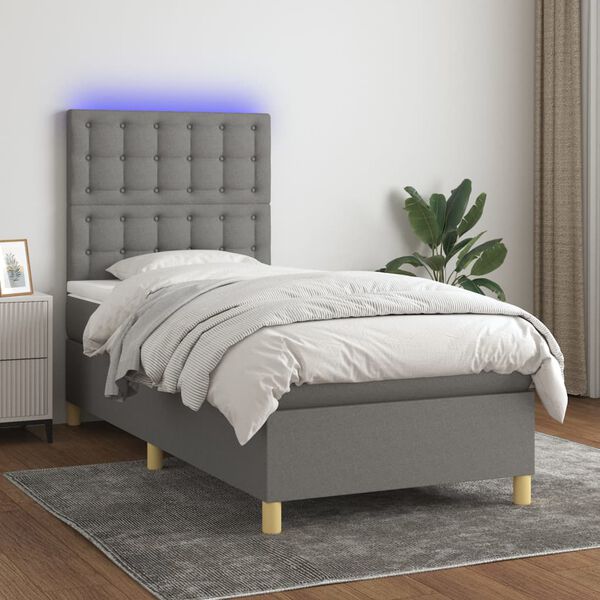 vidaXL Cama box spring c/ colch&atilde;o e LED 100x200 cm tecido cinza-escuro