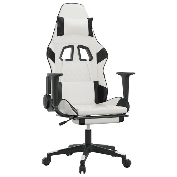 vidaXL Cadeira gaming c/ apoio p/ pés couro artificial preto e branco