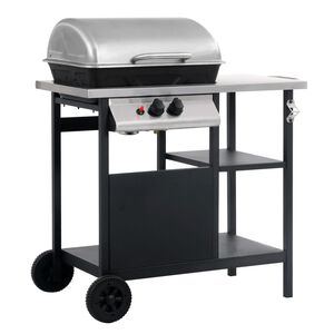 vidaXL Grelhador/BBQ g&aacute;s mesa de apoio 3 prateleiras preto e prateado