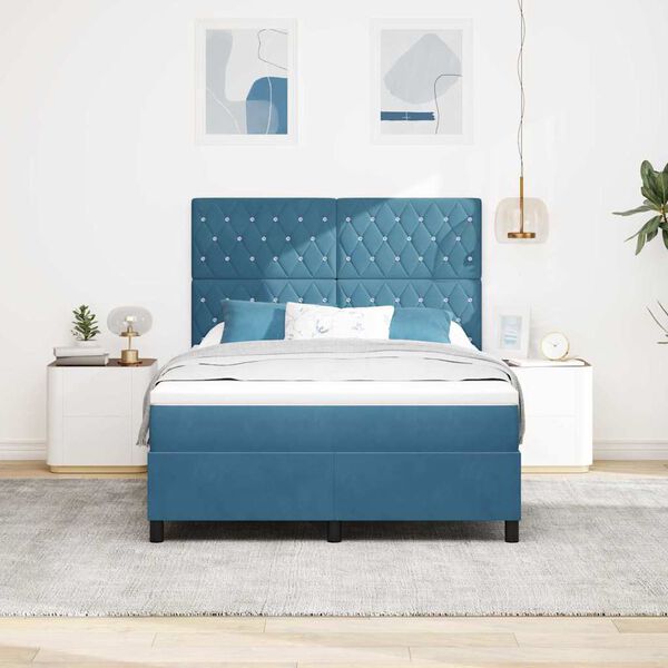 vidaXL Cama Box com colch&atilde;o Azul Escuro 140 x 200 cm Veludo