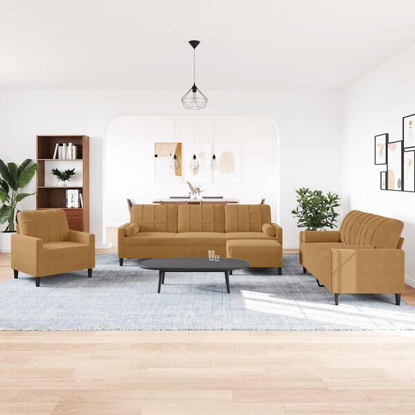 vidaXL 4 pcs conjunto de sof&aacute;s com almofad&otilde;es e rolos veludo castanho