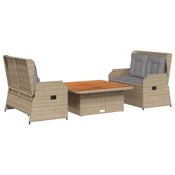 vidaXL 3 pcs conjunto lounge de jardim com almofad&otilde;es vime PE bege