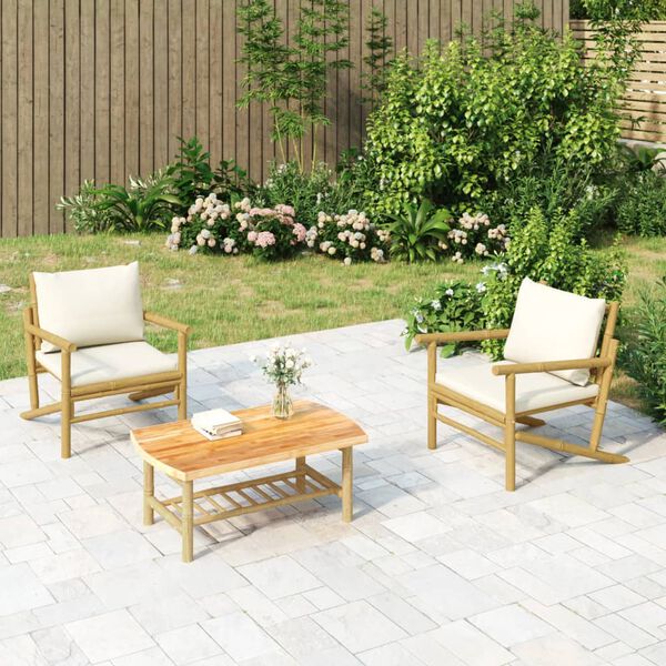 vidaXL Cadeiras de jardim 2pcs bambu com almofadões branco nata
