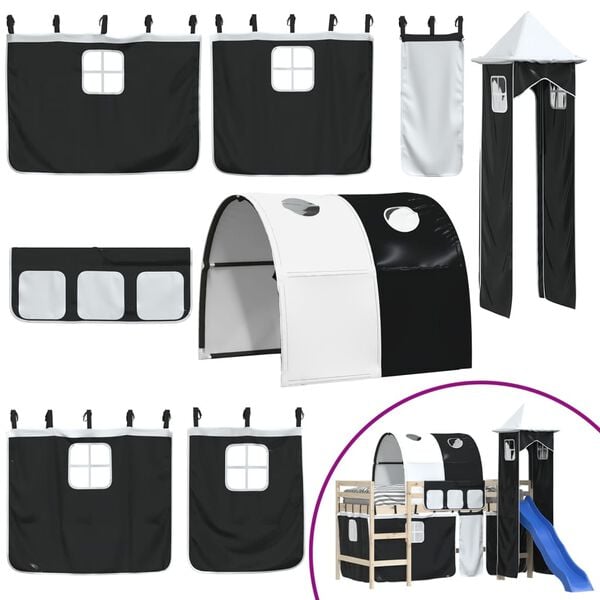 VidaXL Cortinas para cama elevada com t&uacute;nel e torre branco e preto