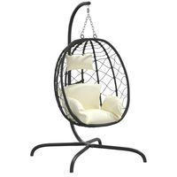 vidaXL Cadeira forma ovo suspensa vime PE/aço c/ almofadão branco nata