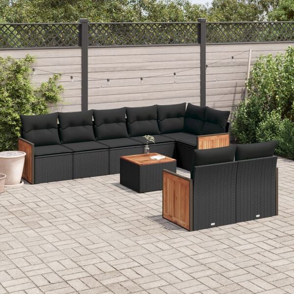 vidaXL 9 pcs conjunto de sof&aacute;s p/ jardim c/ almofad&otilde;es vime PE preto